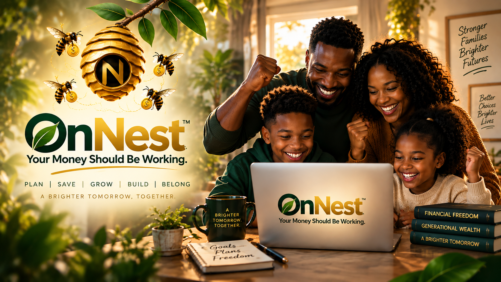 A joyful family gathered around a laptop beside OnNest branding, a golden nest and bees